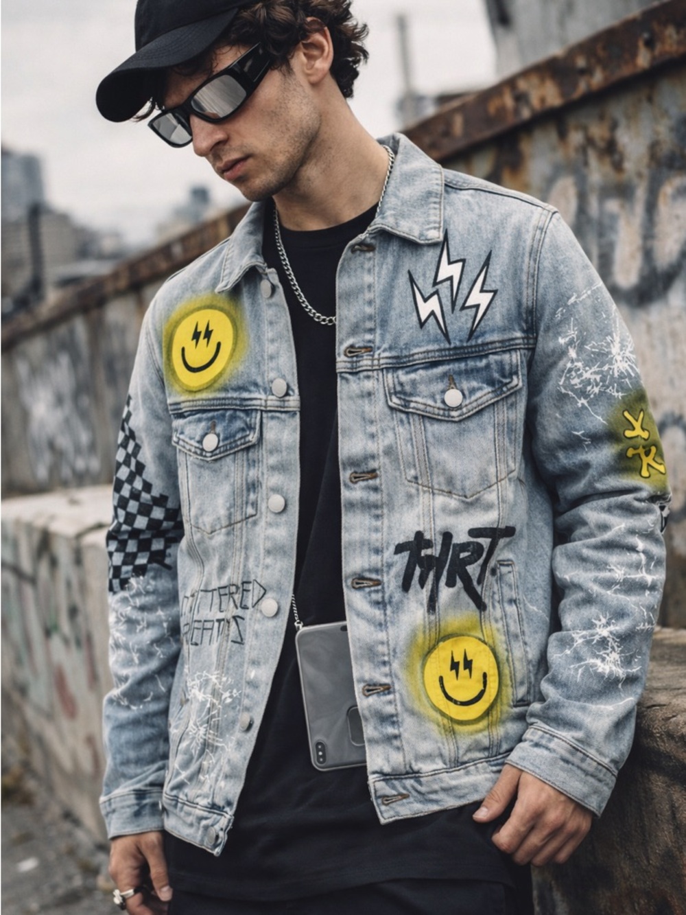 THRT Denim Jacket Small Hand Painted Graffiti HardStreetwear Distressed Rare